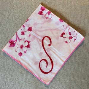 Vintage Monogram S Handkerchief Pink Floral Vine Print Cotton Hanky 1940s